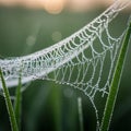 Intricate spider web adorned with dewdrops spans between blades of grass Royalty Free Stock Photo