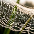 An intricate spider web covered in dew droplets catches the light, creating a Royalty Free Stock Photo