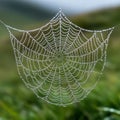 Intricate spider web covered in dew