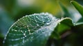 Intricate spider web with dew on leaf in morning light