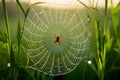 Intricate spiderweb adorned with sparkling dewdrops in morning light