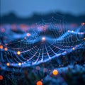 Intricate Spiderweb with Magical Glowing Dew Drops Royalty Free Stock Photo