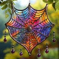 Intricate Stained Glass Art Piece with Spiderwebs and Morning Dew Royalty Free Stock Photo