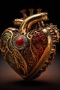 Intricate steampunk anatomical heart on black background. Generative AI