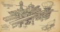 Intricate steampunk architectural drawing features a sprawling \