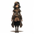 Intricate Steampunk-inspired Anime Woman In Dark Brown Coat And Boots