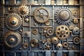 Intricate steampunk-inspired metal gearwork panel design featuring interlocking cogs and wheels on a perforated surface. Royalty Free Stock Photo