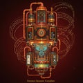 Intricate steampunk-style quantum computer illustration with copper pipes, gauges, Royalty Free Stock Photo