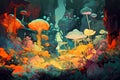 Intricate surreal forest with flowers, mushrooms, trees and leaves.
