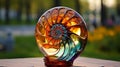 The intricate, swirling texture of a nautilus shell, with spirals of color radiating out from t