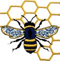 Detailed embroidery design of a honey bee resting on a honeycomb. Royalty Free Stock Photo