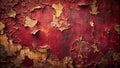Intricate texture of deep red paint flaking and peeling, revealing underlying layers of brown and rust. Generative AI Royalty Free Stock Photo