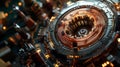 Intricate toroidal inductor with copper wire core surrounded by diverse electrical components Royalty Free Stock Photo