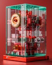 Intricate Transparent Mechanical Device with Gears and Cylinders on Red Background