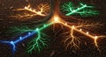 Vibrant bioluminescent tree roots illuminated with a spectrum of glowing colors in the dark earth Royalty Free Stock Photo