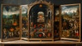 Intricate triptych altarpiece painting display with vivid imagery and elaborate details. an art form with historical
