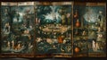Intricate triptych artwork showcasing fantastical scenes, rich in detail and mythological elements. perfect for