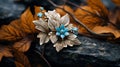 Intricate Turquoise Brooch On Autumn Leaves: High Quality Photography Royalty Free Stock Photo