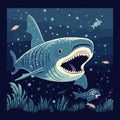 Intricate Underwater World: Vintage Poster Design With Nightmarish Shark Illustration