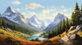 An intricate vector artwork depicting a beautiful scene in the French Pyrenees Royalty Free Stock Photo