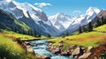 An intricate vector artwork depicting a beautiful scene in the French Pyrenees Royalty Free Stock Photo
