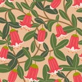 Intricate vector floral seamless pattern. Pink bell flowers, leaves and floral vines on peach background. Pretty Royalty Free Stock Photo