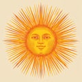 Intricate vector sun illustration with anthropomorphic face and sharp rays on a light neutral background. Royalty Free Stock Photo