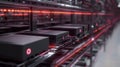 An intricate view of an automated inventory system showcasing RFID sensors embedded in racks with animated pulses of 5G
