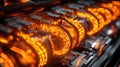 An intricate view of electrical cabling with bright orange signals coursing through them showcasing the synchronization