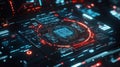 An intricate view of a network interface with complex encryption algorithms displayed surrounded by glowing visual
