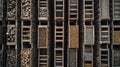 An intricate view of storage racks filled with raw materials organized and clearly labeled to facilitate quick access