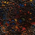 Intricate vine tree with colorful stems and woodcarvings (tiled)