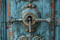 Antique brass door handle with intricate keyhole design on weathered turquoise wooden door Royalty Free Stock Photo