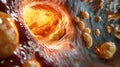An intricate visualization of a cellular structure, highlighting movement and interaction of particles within a biological