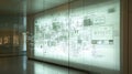 An intricate visualization of a data flow diagram projected onto a glass wall demonstrating the flow of information in