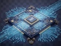 Intricate visualization of a futuristic computer processor with glowing circuits and pathways Royalty Free Stock Photo