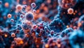 An intricate visualization of molecular particles in vibrant blue and orange hues
