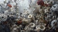 Intricate visualization of a tumor infested inner landscape highlighting organic textures and forms