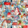 Intricate watercolor seamles pattern with cartoon medieval houses. Whimsical background with houses and flowers, texture design