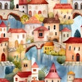 Intricate watercolor seamles pattern with medieval houses. Whimsical background with houses, dridges and trees for gift wrap
