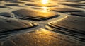 Ultra high-resolution macro shot of intricate wave patterns left on wet beach sand after the tide recedes, ai