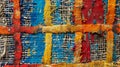 The intricate weave of the canvas is still visible but the once vibrant colors have dulled over time