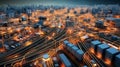 An intricate web of roads, railways, and waterways, featuring trucks, trains, and ships all in motion, demonstrating the complex