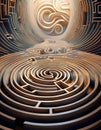 Intricate wooden maze winding through a mysterious space with swirling patterns illuminated by gentle light. Generative