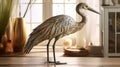 Intricate Woodwork Heron Statue With Golden Light And Nature-inspired Design