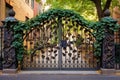 intricate wrought iron gate with ivy entwining the design Royalty Free Stock Photo