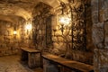 intricate wrought iron wall sconces lighting up a stonewalled meeting room