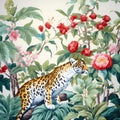 chinoiserie wallpaper art with tropical forest, tiger and fancy botanical, watercolor, French toile pattern