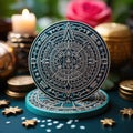 Intricately carved Aztec calendar stone