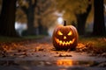 Intricately carved Halloween pumpkins illuminated by flickering candles in the street. AI Generated